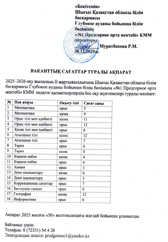 Ваканттық сағаттар туралы ақпараттар
